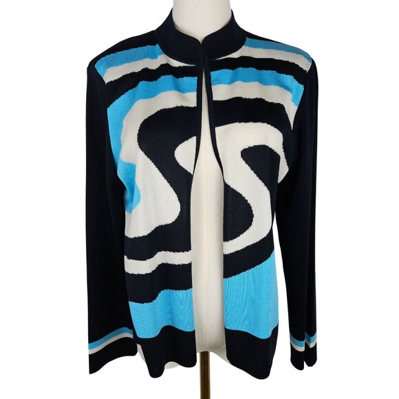 Ming Wang Jackets & Blazers - Ming Wang Cardigan Jacket Size Medium Black Blue White Knit Quiet Luxury